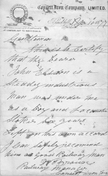 John Thomas Elsdon's testimonial from Consett Iron Company Ltd dated 1877