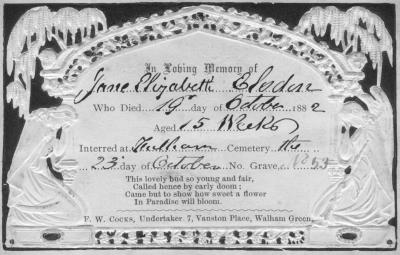 Jane Elizabeth Elsdon 1882-1882 Memoriam Card