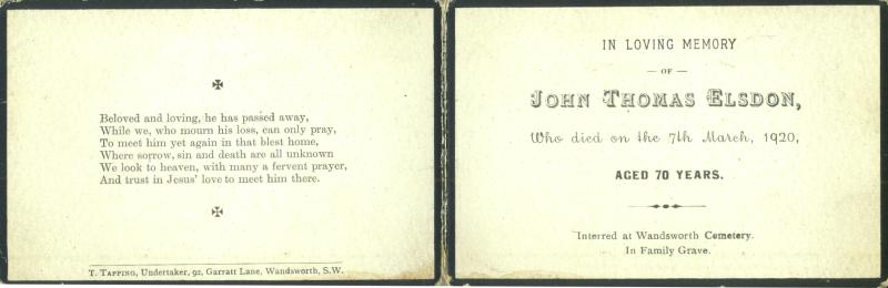 John Thomas Elsdon 1848-1920 Memorial Card