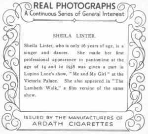 Sheila  Linter  (Ardath Cigarettes photo card reverse)